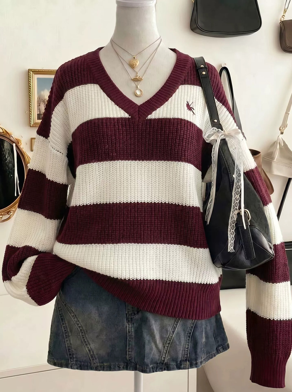 ZARA Womens Casual Contrast Stripe Fall Winter Pony Embroidery Pullover Sweater